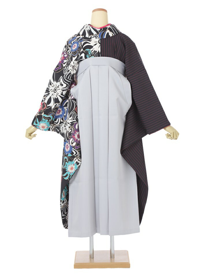 【レンタル】袴レンタル セット(HGB051)大人 女 レディース 袴セット 卒業式 袴 レンタル 着物レンタル ハカマ はかま rental 片身替り 幾何学模様 モード 袴 着物 フルセット 対応身長153～158cm 足袋プレゼント 往復送料無料