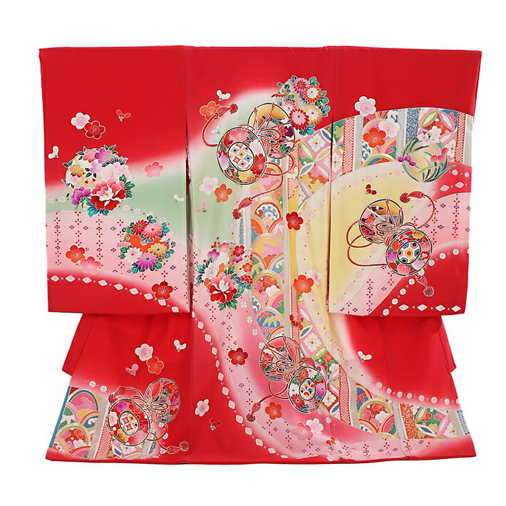 【レンタル】お宮参り 産着 高級産着 女の子8AM33 【正絹】赤 花丸文 提 女児産着レンタル 着物レンタ..