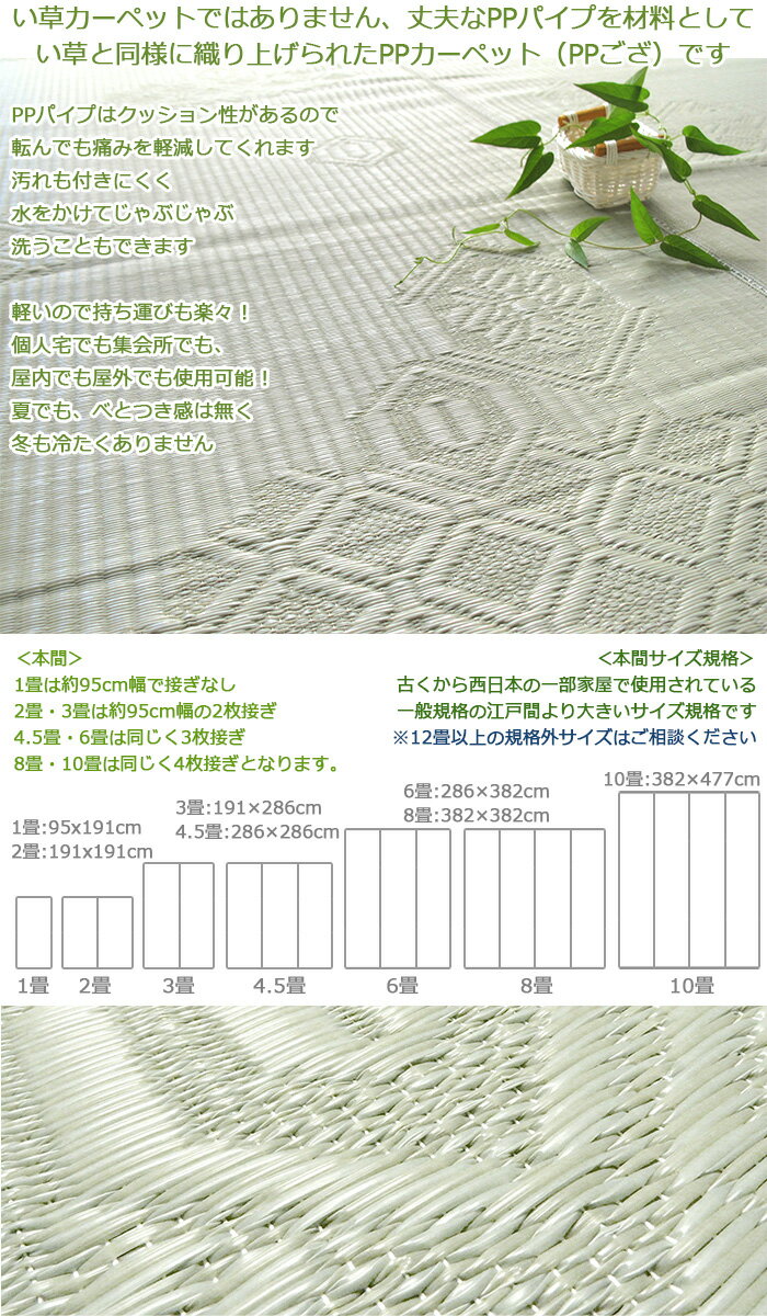 カーペット ラグ い草風PPござ地紋 1畳 本間 95×191 防炎 爽やか 洗える（洗濯機不可） 集会所 集会場 公民館 微クッション性 京間 日本製 純国産 ホットカーペット対応 床暖対応 本州/四国:送料無料 アイコン 1畳