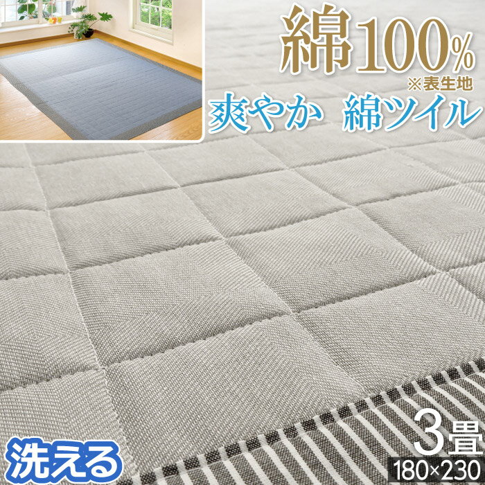 ラグ 春用 夏用 約3畳 180×230cm ツイル綿ラグ カーペット 綿100％ コットン100％ クール ウォッシャブル 無地 チェック柄 ベージュ ブルー ふんわり 爽やか 長方形 暑さ対策 アイコン 