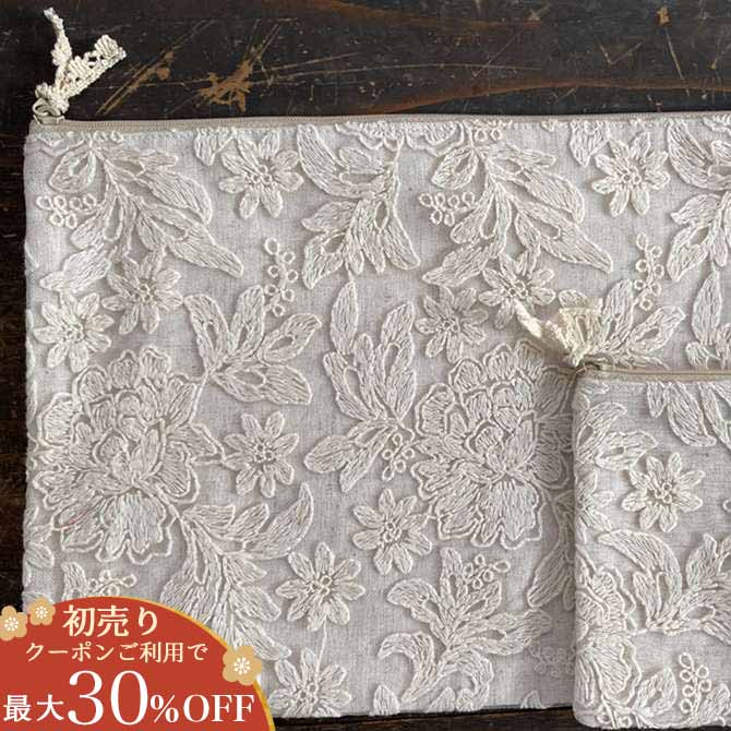 レース ポーチ ボタニカル刺繍ポーチ レース生地 22×30cm レース刺繍 花刺繍 botany race ボタニーレース A2 フラットポーチL 花刺繍 ヨーロピアン おしゃれ エレガント かわいい アンティークのサムネイル