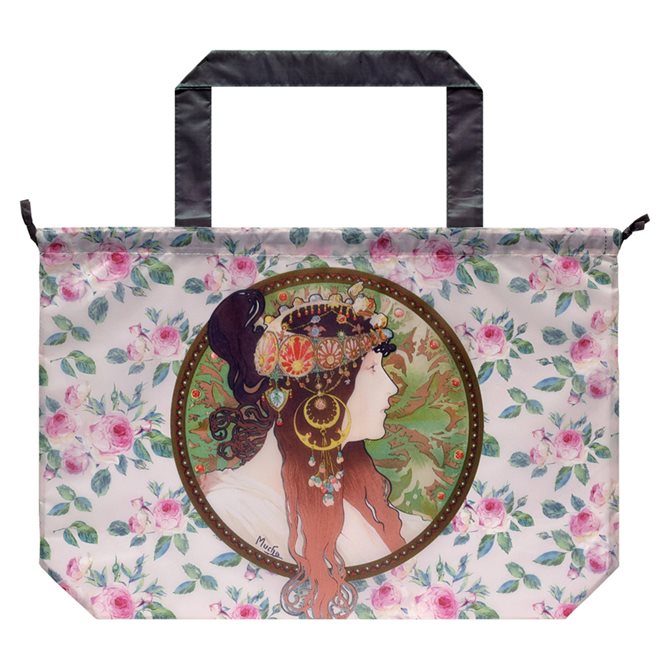 12/4(木)20時から★10%OFF★ バッグ エコバッグ 名画 おしゃれ レインバッグカバーW55×H38×D8cm （ 紐の長さ…約22cm ） 、折りたたみ時…W16×H12×D2cm エレガント 名画 レインバッグカバー （ ミュシャ 「 ブルネット 」 ）(4)