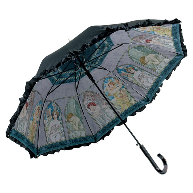 ＼5%OFFクーポン★決算SALE／ 傘 かさ 傘 レディース フリル 晴雨兼用 ジャンプ 持ち手 おしゃれ アンティーク 北欧 かわいい 可愛い ヨーロピアン エレガント 名画フリルジャンプ傘 晴雨兼用(ミュシャ「時の流れ」)