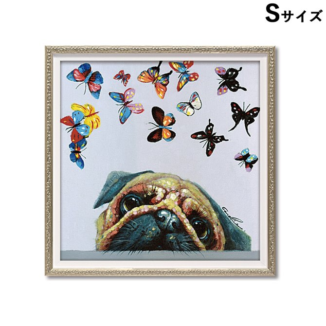 12/4(木)20時から★880円OFF★ 絵画 額 ハンドペイント かわいい おしゃれ 犬 ブルドッグ オイル ペイント アート ( Sサイズ ) 「 バタフ...