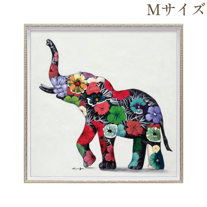 12/4(木)20時から★2,200円OFF★ 絵画 ハンドペイント アートパネル キャンバス 象 オイル ペイント アート 幅63cm フラワーエレファント ...
