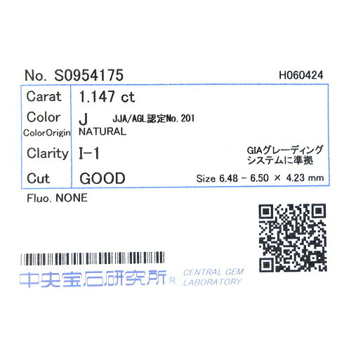 【中央宝石研究所ソーティング付】天然 ダイヤ 1.147ct (J-I1-G) ラウンド ルース...