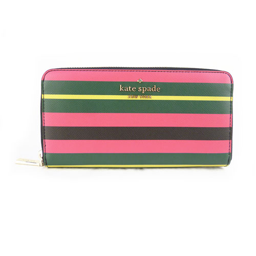 ケイト・スペード ニューヨーク 革長財布 レディース 【kate spade ケイトスペード】K5365 060 レザー ラウンドファスナー 長財布 ラッピング ペーパー ストライプ プリント ピンク系 マルチカラー 【アウトレット品】【新品】