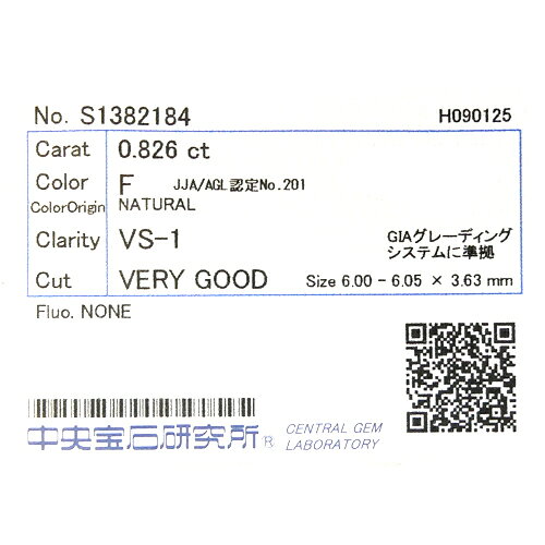 【中央宝石研究所ソーティング付】天然 ダイヤ 0.826ct (F-VS1-VG) ラウンド ルー...