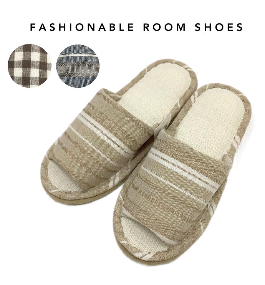 スリッパ 前開き 夏用 年中使える ご自宅用 来客用 室内 ベージュ ブラウン チェック柄 おしゃれ パタ..