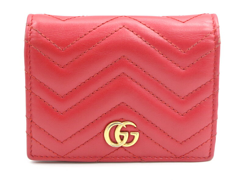 【 グッチ GUCCI 】466492 二つ折れ財布 GGマーモント レッド レディース 〇新着 76159-4 中古 送料無料