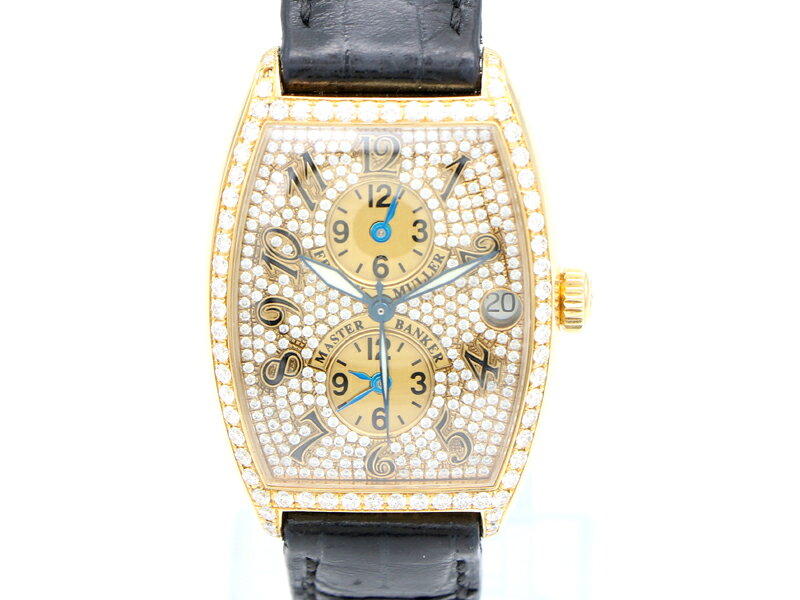 【 フランクミュラー FRANCK MULLER 】 マスターバンカー 2852MB 31mm アフターダイヤ YG/革 デイト 3タイムゾーン 自動巻 メンズ 70225-2 中古 送料無料