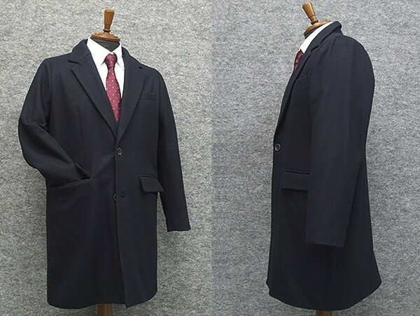 ウール混 シングルチェスターコート 紺 メルトン素材 メンズ カジュアル ビジネスコート