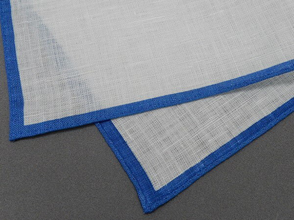 ポケットチーフ メンズ リネン パールホワイト 縁取り 青系 麻100％ メール便可 ACC-PCL003