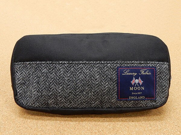 英国MOONツイード　ファスナーポーチ　グレー　ヘリンボーン　男女兼用　MOON-P01