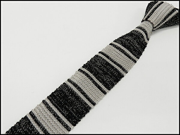 ニットタイ　ネクタイ　剣先6cm　シルク100％　黒×銀　ボーダー　霜降り　ntt111