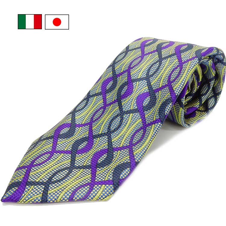 イタリー生地使用/京都産▼ネクタイ▼シルク100％▼黄×青×紫×紺/幾何学柄　KYOTO VINTAGE　メール便OK　KV-ITA14のサムネイル