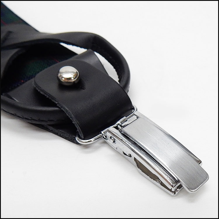 〓Y型2wayサスペンダー〓本革使用　日本製◆緑×紺/チェック柄◇35mm　ゲバルト社製ゴム素材　革足＆クリップ　SUSP-G04