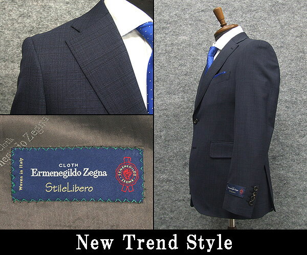 春夏物　藍紺/格子　[Ermenegildo Zegna] ゼニア StileLibero使用　トレンドスタイル2釦スーツ スリム　ストレッチ素材 ネイビー チェック　[YA体]　EZD61