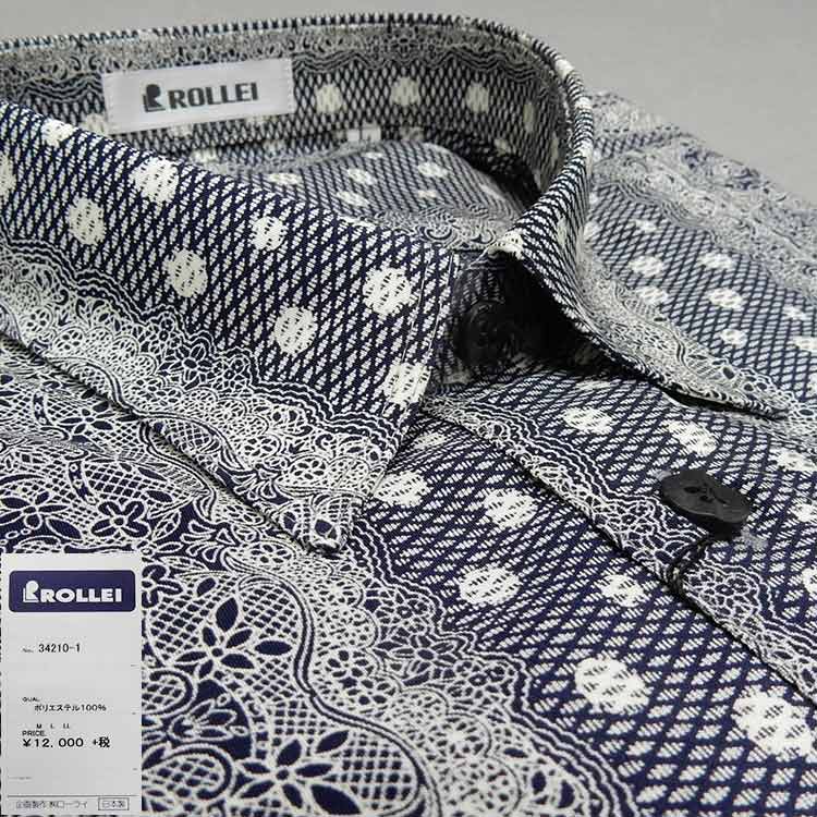 アダルトカジュアルシャツ　[ROLLEI]　日本製　長袖　濃紺×白系　レース柄風　デザインシャツ　ROL34210-1