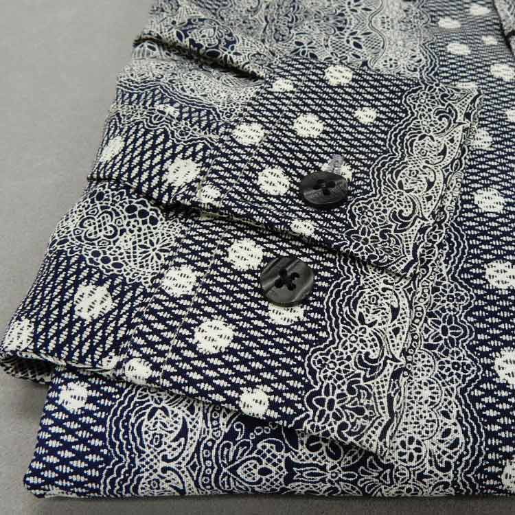 アダルトカジュアルシャツ　[ROLLEI]　日本製　長袖　濃紺×白系　レース柄風　デザインシャツ　ROL34210-1