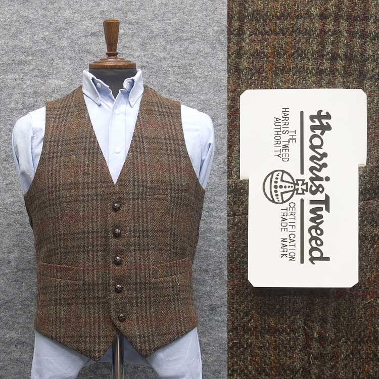 英国生地　[Harris Tweed]ハリスツイード　ベスト　日本製　[A体][AB体]対応　茶系　大格子　5釦　秋冬物　オッドベスト　HTV-J003