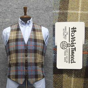 英国生地　[Harris Tweed]ハリスツイード　ベスト　日本製　[A体][AB体]対応　茶ベージュ系/格子　5釦　秋冬物　オッドベスト　HTV-J005