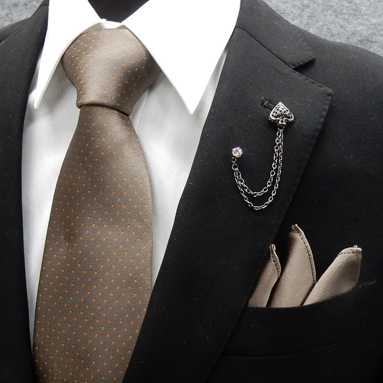 ▼シルクネクタイ　ポケットチーフ付▼茶グレー/ピンドット▼シルク100%▼日本製▼結婚式▼フォーマルネクタイ▼大剣幅8.5cm▼メール便可　PTD-BR