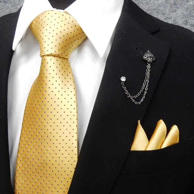 ▼シルクネクタイ ポケットチーフ付▼イエロー/ピンドット▼シルク100%▼日本製▼結婚式▼フォーマルネクタイ▼大剣幅8.5cm▼メール便可 PTD-YE