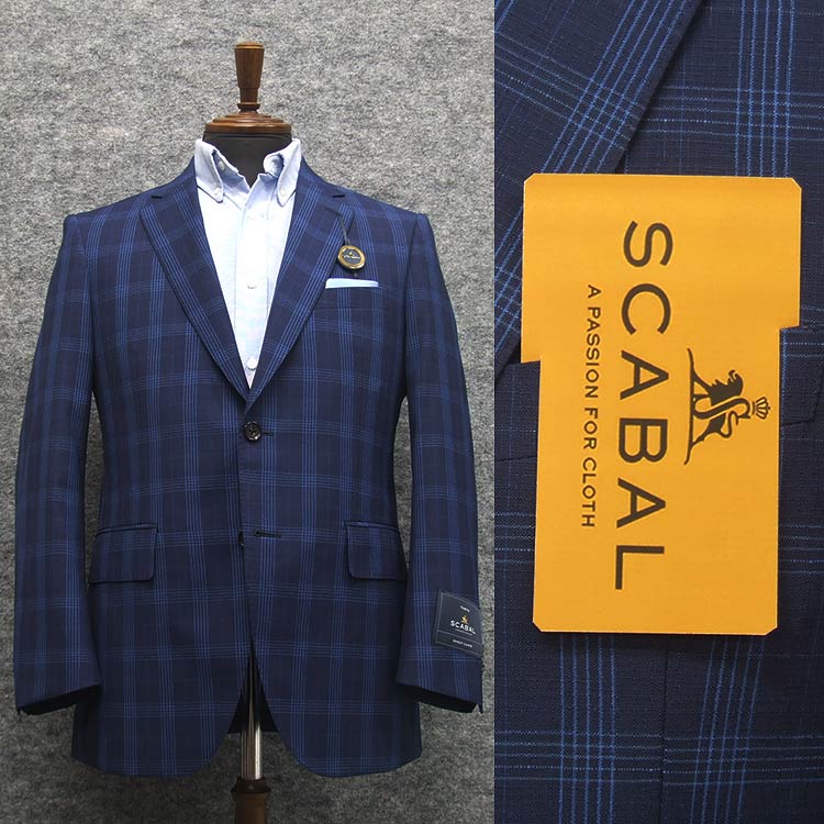 春夏物ジャケット  スキャバル オーダー生地使用 ベーシック2釦 紺系チェック  SCB-J52