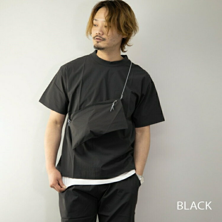 セットアップ メンズ 3点セット　ブラック/無地　ビッグシルエット　半袖Tシャツ　イージーパンツ　サコッシュバッグ　メール便送料無料（代引不可）　ST38332-BK