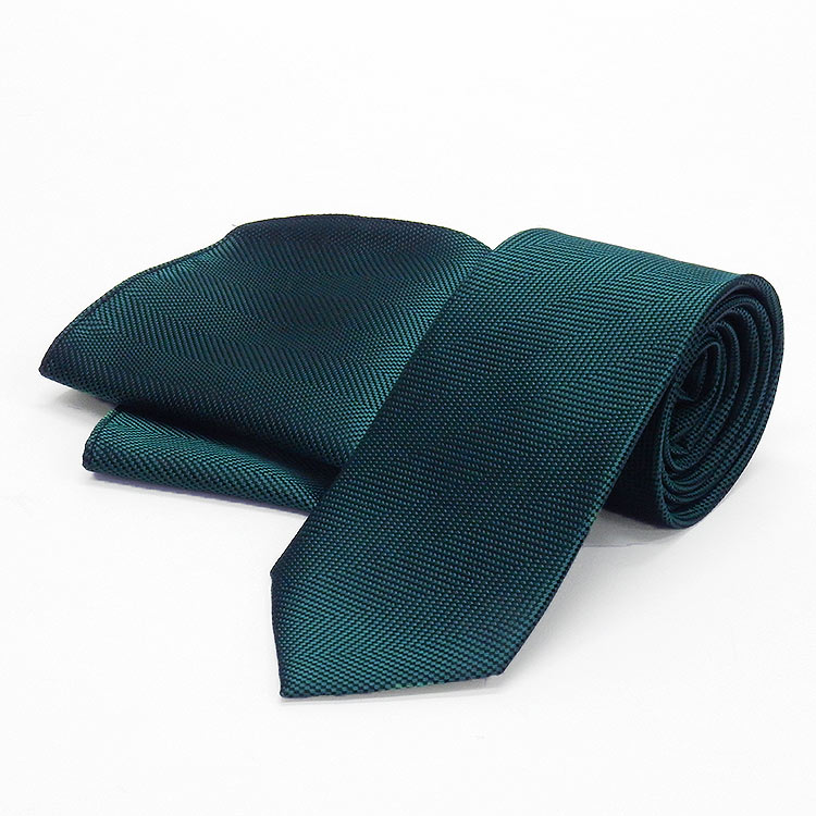 西陣織 ネクタイ チーフ付 青緑×黒 ヘリンボーン風 シルク100％ 日本製 メール便送料無料 NJ-CHB06