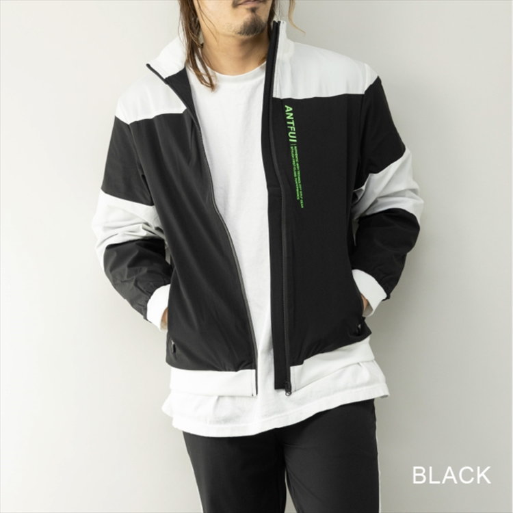 ANTFUI アントフィー ゴルフウェア メンズ ゴルフジャケット◆ブラック◆切替え ロゴプリント ゴルフブルゾン 細身 送料無料 ST31543-BK