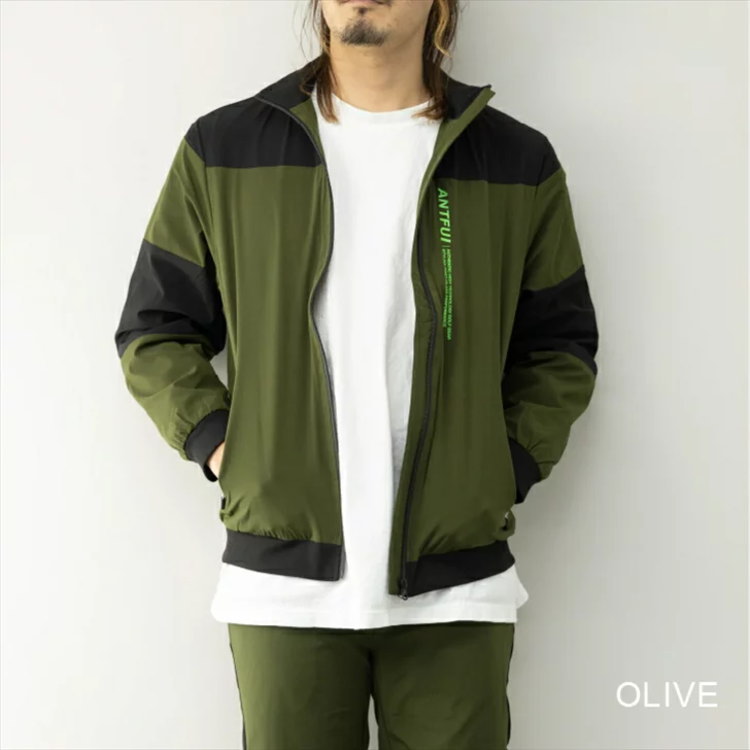 ANTFUI アントフィー ゴルフウェア メンズ ゴルフジャケット◆オリーブ◆切替え ロゴプリント ゴルフブルゾン 細身 送料無料 ST31543-OV