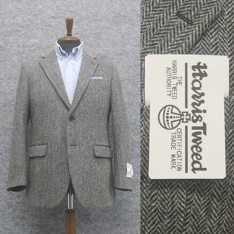 英国生地　[Harris Tweed]ハリスツイード　ベーシックジャケット　[AB体][BB体]　グレー系ヘリンボーン　シングル2釦　秋冬物　HT22208-15