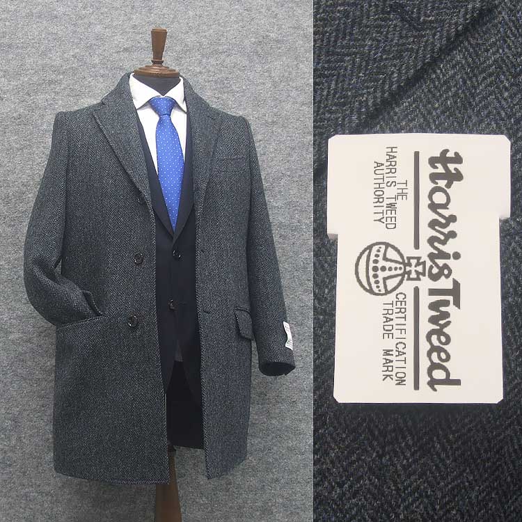 英国生地 Harris Tweed ハリスツイード チェスターコート 藍紺系ヘリンボーン シングル3釦 秋冬物 HTC-C16