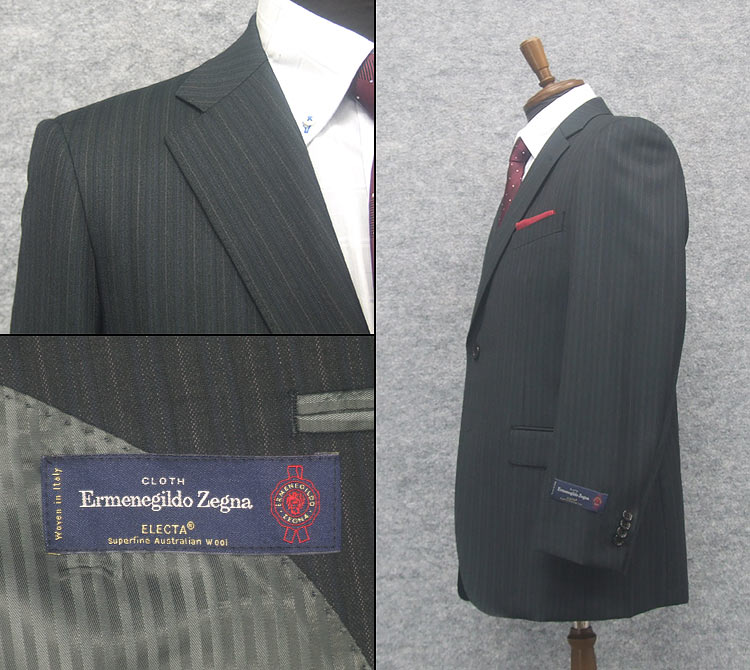 秋冬物　[Ermenegildo Zegna]ゼニア生地　ELECTA使用　セミスタイリッシュ2釦スーツ　濃グレー系/ストライプ　日本製　[AB体][BB体]　EZ-J05