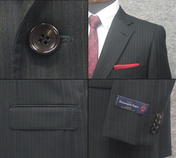 秋冬物　[Ermenegildo Zegna]ゼニア生地　ELECTA使用　セミスタイリッシュ2釦スーツ　濃グレー系/ストライプ　日本製　[AB体][BB体]　EZ-J05