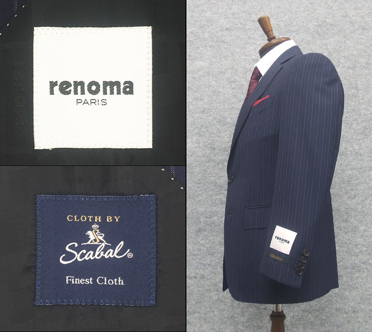 [renoma] レノマPARIS　春夏～通年物　[Scabal]　スキャバル生地　日本製　紺/ストライプ　ベーシック2釦シングルスーツ　AB5　OK15