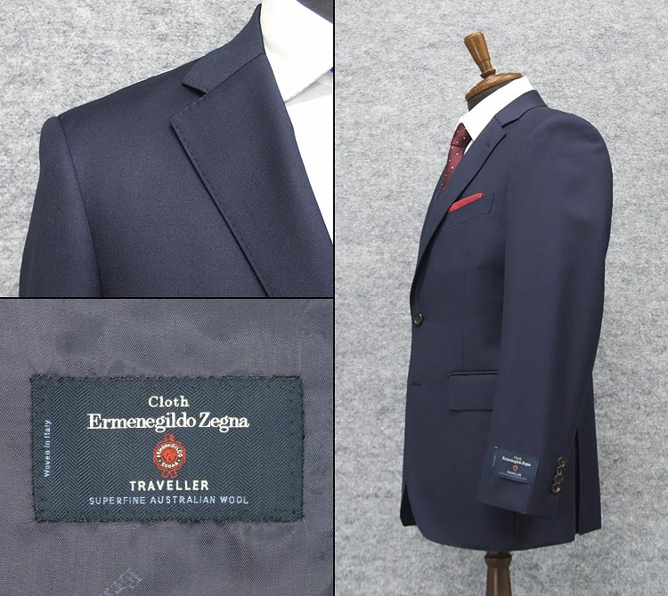 秋冬物 [Ermenegildo Zegna]ゼニア生地 TRAVELLER使用 ベーシック2釦スーツ 紺/無地 ロゴ入り裏地 EZR66