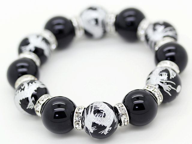 天然石 銀彫り五本爪皇帝龍 オニキス 16mm 数珠 ブレスレット パワーストーン メンズ