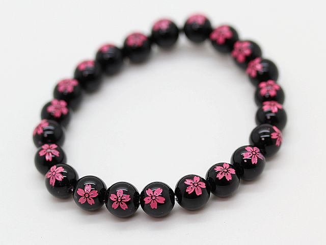 樂天商城 - ピンク桜彫り 天然石 オニキス 10mm パワーストーン ブレスレット レディース