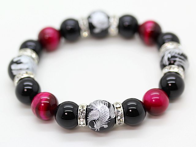 天然石 ピンクタイガーアイ 12m m銀彫四神獣 オニキス 14mm パワーストーン 数珠 ブレスレット メンズ