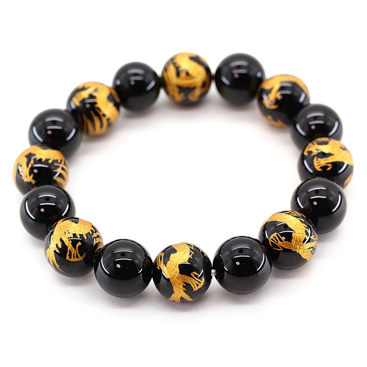 オニキス 12mm 金彫り皇帝龍 オニキス 12mm パワーストーン ブレスレット メンズ