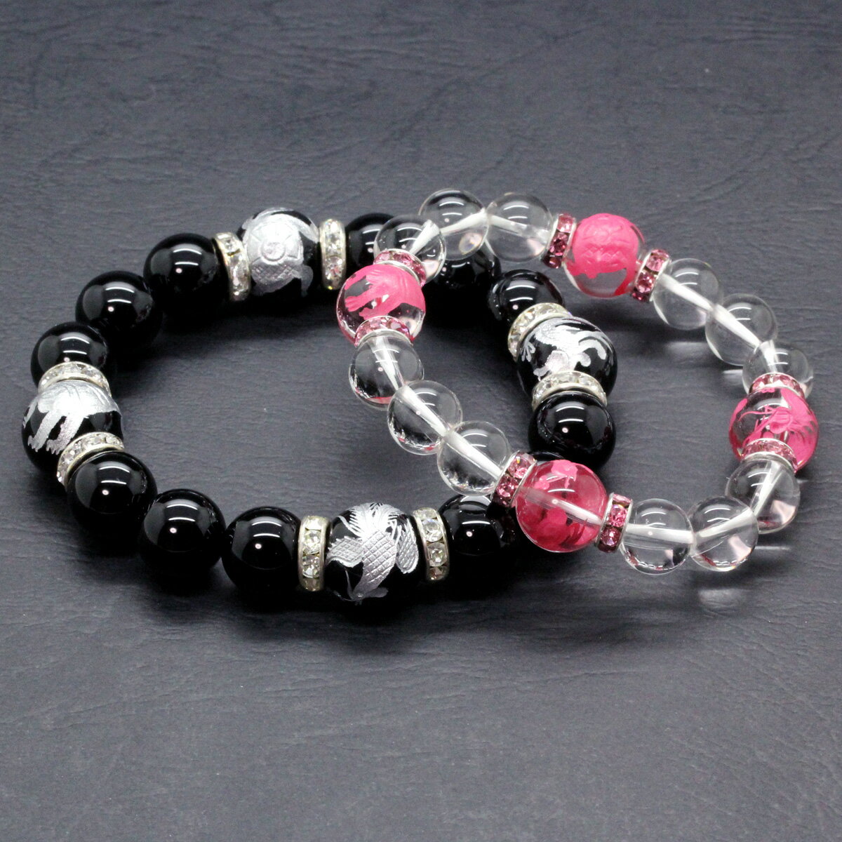 石輝　大切な相手にお守り数珠ペアブレスレット★オニキス四神獣と天然水晶四神獣の2点セット★パワーストーン