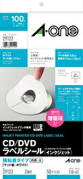 エーワン CD／DVDラベルシール［インクジェット］ 強粘着タイプ マット紙・ホワイト 29122