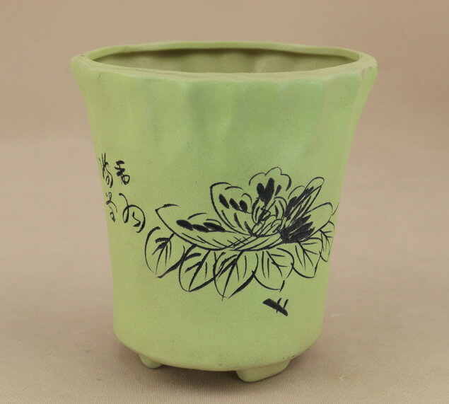 【盆栽鉢】 萬古焼 新緑釘彫 花文 深丸鉢 4号 (いよじ園 伊予路園)