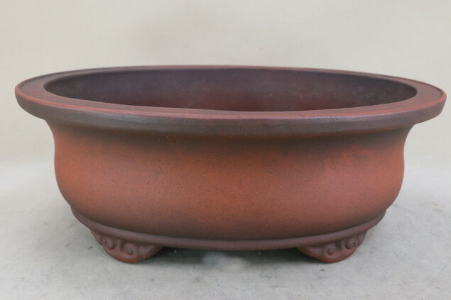 【盆栽鉢】 時代鉢 銭号作 朱泥外縁楕円鉢（左右39.5cm カマ有）いよじ園