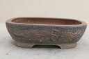 【盆栽鉢】 時代鉢 和泉作 浮彫龍紋撫角長方鉢(左右25cm 無傷)いよじ園