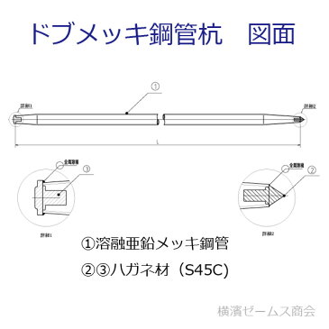 【送料無料】ドブメッキの鉄製クイ（杭）1500mmタイプ7本セット。42.7Φ単管パイプ仕様（溶融亜鉛メッキでサビ・腐食に強い）端部はハガネ製,先端とヘッド溶接済。鋼製杭。スチールパイル,鉄杭,太陽光パネル野立て架台、難地盤施工可,手打ち・ハンドブレーカ