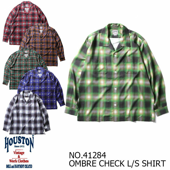 Rakuten - HOUSTON ヒューストン 41284 OMBRE CHECK L/S SHIRT オンブレチェック長袖シャツ オープンカラー 開襟シャツ メンズ アセテート